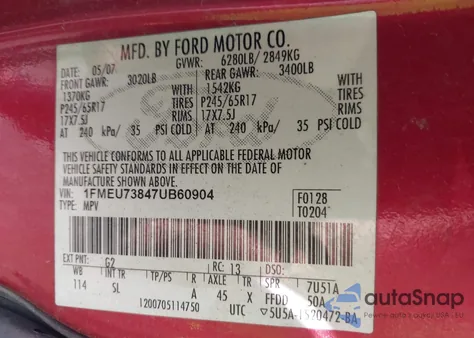 2007 Ford Explorer Xlt из США, поврежденный, VIN 1FMEU73847UB60904